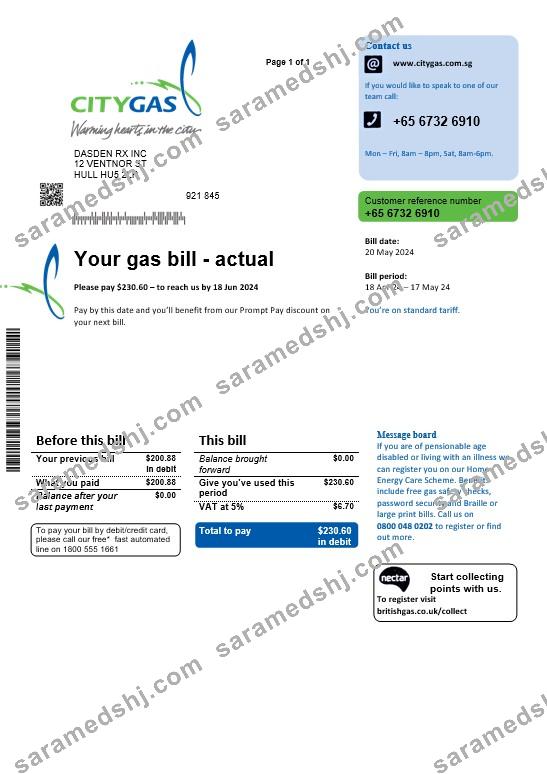 Singapore City Gas business utility bill template, fully editable in PSD formats